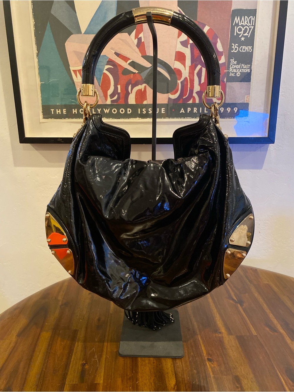 Gucci Indy Black Patent Leather Hobo with Gold-Tone Hardware and Tassel - Picture 2 of 12